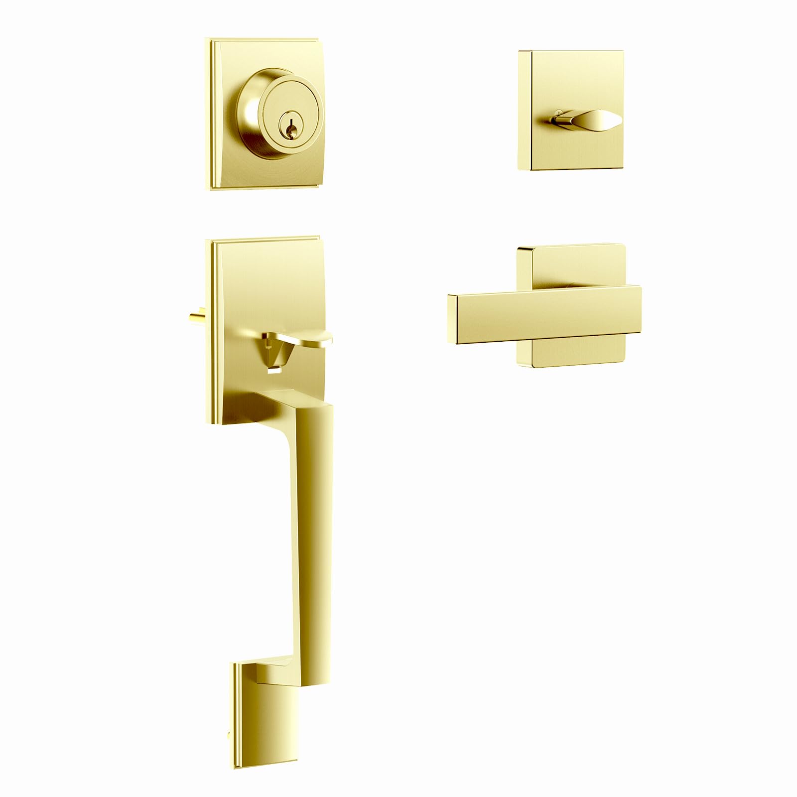 Front Door Lock Set - Exterior Door Handle Set with Deadbolt Door Lock Single Cylinder Interior Entry Handle with Lever Reversible Left & Right Gold