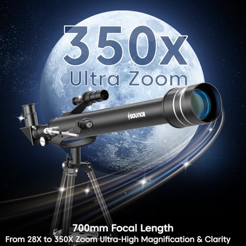 Image of Sounce Astronomical Land Sky Refractor Telescope with 28x 350x Zoom Fully Coated Glass Optics Alt Az Mount for Beginners Professionals to Explore Moon Saturn Rings Planets and Deep Sky Objects (Black)