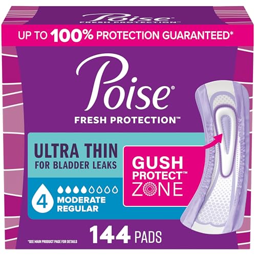 Poise Ultra Thin Incontinence & Postpartum Pads for Bladder Leaks 4 Drop Moderate Absorbency Regular Length 144 Count (Packaging May Vary)