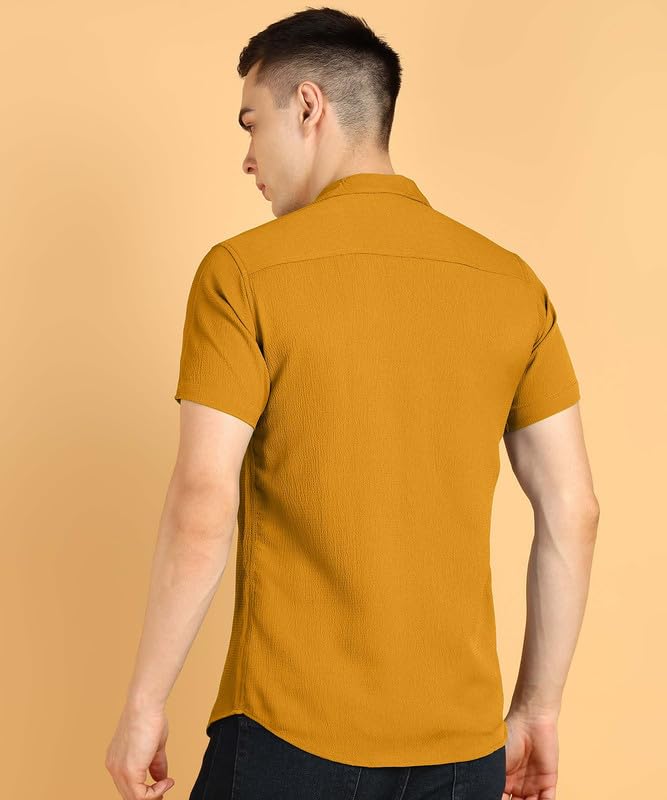 Image of COMBRAIDED Men's Solid Cotton Blend Half Sleeve Shirt - Regular Fit Casual Button-Down Shirt for Office & Travel - Summer & Spring