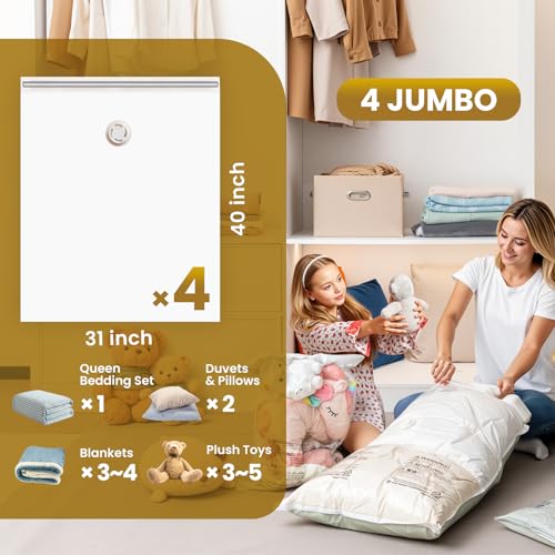 Image of TAILI 4 Pack Vacuum Storage Bags, Jumbo Size (31x40 inch), Cream | Vacuum Seal Bags for Clothing, Extra Large Space Saver for Bulky Beddings, Comforters, Blankets, Pillows, Reusable