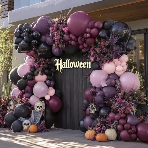 Image of Black Pink Purple Balloons Double Stuffed Dark Plum Mauve Pink Pastel Lavender Lilac Balloon Garland Arch Kit for Wednesday Addams Halloween Birthday Baby Shower Wedding Goth Party Decorations