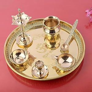 SATVIK 10 Inch Brass Puja Thali Set of 7 | Handcrafted Design for Divine Blessings | Ideal Housewarming Return Gift | Perfect for Festivals & Worship | Complete Puja Thali Set