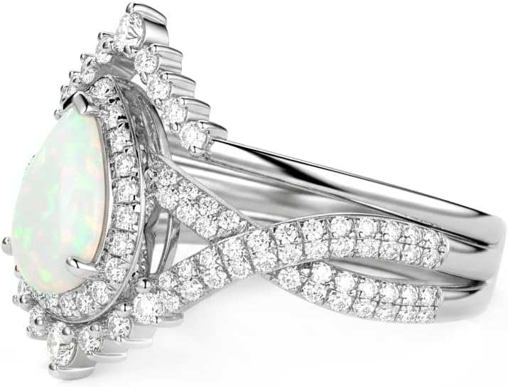 1.5 Carat Opal Engagement Ring Set for Women Unique Pear Cut Opal Bridal Set Ring 925 Sterling Silver Rings with 18K White Gold Plated