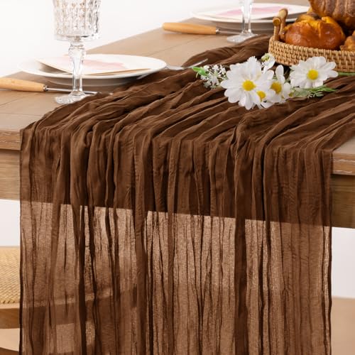 Image of MLMC 3 Pack Brown Table Runner 10ft Boho Rustic Gauze Coffee Cheesecloth Table Runner Neutral Cheese Cloth Table Decor 35x120 Inches for Wedding Bridal Shower Reception Party Decor