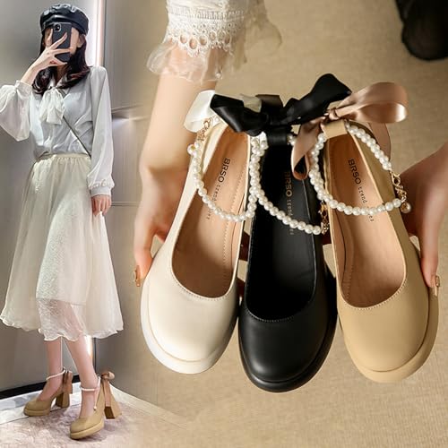 Women's Leather Chunky High Heel Pearl Chain Ankle Strap Pumps Round Closed Toe Platform Elegant Mary Jane Dress Shoes Wedding Party Evening Shoes3