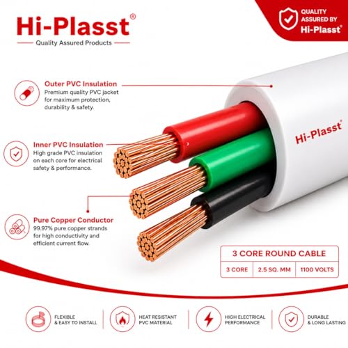 Image of Hi-Plasst 3 metre 2.5 Sq.mm 3 Core Copper Cable | Round Flexible Electrical Wire | PVC Insulated Power Cable for AC, Washing Machine, Refrigerator, Water Pump & Industrial Applications