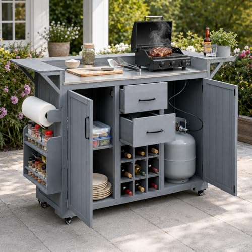 MLSERSYAS Outdoor Kitchen Island with Wheels, 60.2 Inch BBQ Grill Cart
