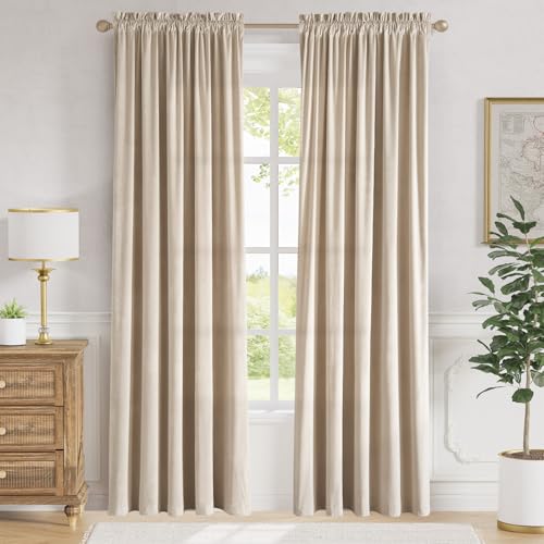 jinchan Velvet Curtains for Bedroom 84 Inch Long Cream Beige Thermal Insulated Luxury Curtain for Living Room Darkening Privacy Window Treatment, Soft Elegant Single Panel Curtain Rod Pocket 1 Panel