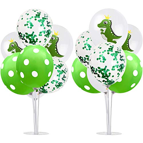 TONIFUL Dinosaur Birthday Table Decorations 2 Set Green White Table Centerpiece Balloons Stand Holder Kit with 14 Sticks 14 Cups 2 Base 16 Latex Balloons for Safari Jungle Party Theme Favors Baby Shower Kids Party Supplies