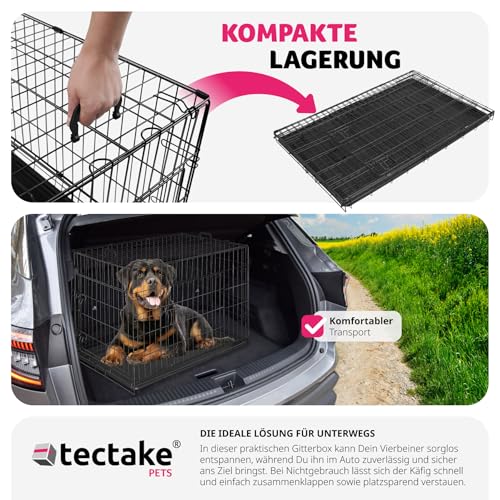 tectake® Hundekäfig, Hundegitter Box, Dog Kennel, Hundebox faltbar, Transportbox stabil, für Hunde und Welpen, für Kofferraum, Auto, Camping und Zuhause, Wohnung - 121,5 x 75,5 x 80,5 cm