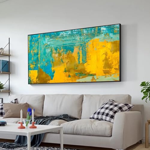 Tableau abstrait turquoise et or pour salon chic | Toile HYFBH 50x95
