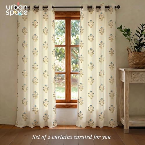 Image of Urban Space 100% Cotton Curtains with Gold Foil Print | Upto 60% Light Blocking Window Curtain 5 feet I Set of 2 Decorative Curtains with Eyelets and Tieback Included (Zari Mohar Blue Gold - 5 feet)