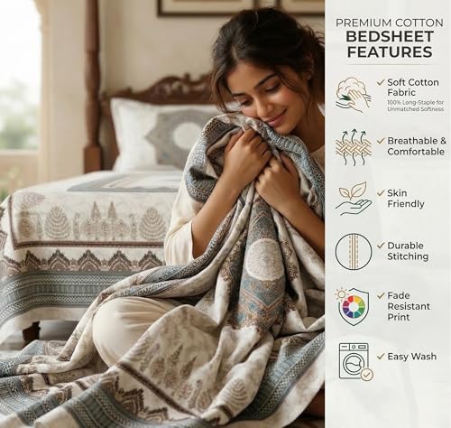 Image of BSB HOME 240 TC Cotton King Size Bedsheet, Premium Soft Double Bed Sheet, Breathable & Skin Friendly Bed Cover, Elegant Printed Bedsheet, Durable, 90 x 100 Inches (229 x 254 cm) - Warm Pearl