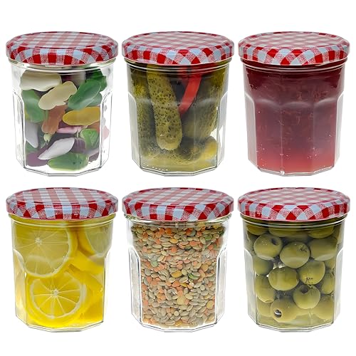COS 6 X Glass Pot Menage Jar 324ml | Jam Jars | Set of 12 | Wide Mouth Glass Preserve Pots | Screw Top Red Gingham Lids | Airtight Pickle Jars | Homemade Jam, Marmalade & Chutney Jar, Clear…, ?324ML