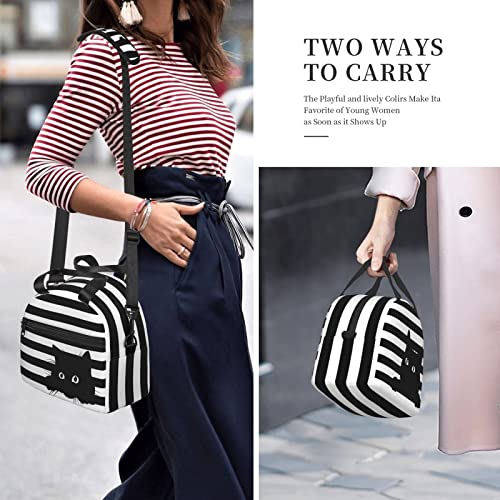 Cute Cat Black And White Striped Background Lunch Bag Funny Animal Kitten Reusable Insulated Lunch Tote Bag Lunchbox Container With Adjustable Shoulder Strap For Office Work School Picnic Travel #TOP6