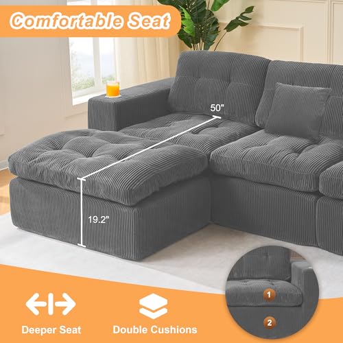 Image of Modular Sectional Sofa, 105 inch L Shaped Comfy Cloud Couch with Deep Seat, Boneless Couch for Living Room, Corduroy Modular Sofa with Chaise and Cup Holders, No Assembly Required, Dark Gray | Comfy Cloud Couch