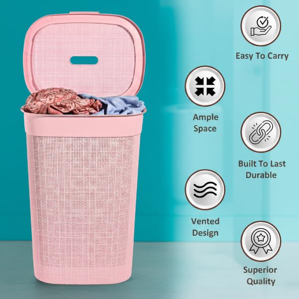 Image of KITCHIVO Plastic Large 55 Ltr Laundry Basket with Lid & Handle | Multipurpose Hamper Bins Storing Washable Clothes, Blankets | Household Ideal for Home & Bathroom (Woods Peach Laundry Basket)