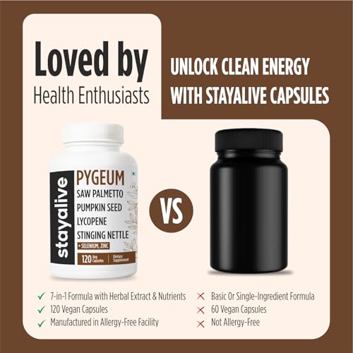 Image of STAY ALIVE Pygeum Africanum Supplement, 7-in-1 Extract w /Saw Palmetto, Pumpkin Seed, Stinging Nettle and Lycopene, 120 Vegan Capsules, Non-GMO and Gluten-Free Pygeum Supplement for Men and Women