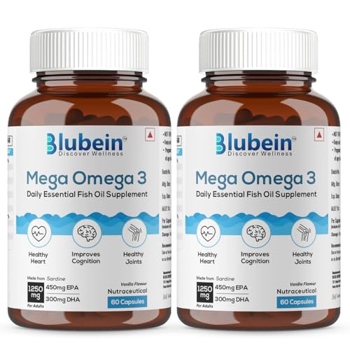 Image of Blubein Mega Omega 3 Fish Oil Capsules For Men & Women,Triple Strength With 1250 Mg (450 Mg Epa & 300 Mg Dha) For Muscle Recovery,Healthy Heart,Joints & Brain - 60 Capsules X Pack Of 2,2 Count