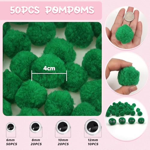 TOAOB 50 pcs Pom Poms Ball 40 mm Large Fluffy Pom Poms Green Fuzzy Pompoms Balls with Wiggle Eyes for DIY Crafts Decorations - Image 2