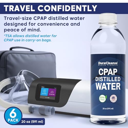 Dura Cleanse Distilled Water for CPAP Machines 6 Pack (20 oz Each) Travel Size Bottles for Resmed, Respironics Machines, Personal Humidifier - Made in USA, BPA-Free, Clean, Multi-Use, Travel-Friendly