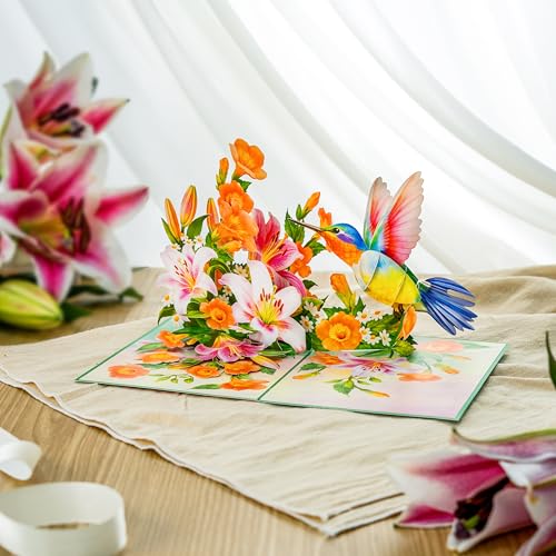 Image of POPWOW Trumpet Vine Hummingbird Pop Up Card, 3D Popup Greeting Card, Gift For Mothers Day, Birthday, Valentines Day, Anniversary, Mom, Wife, Grandma, Her, 5x7 - Includes Envelope And Message Note
