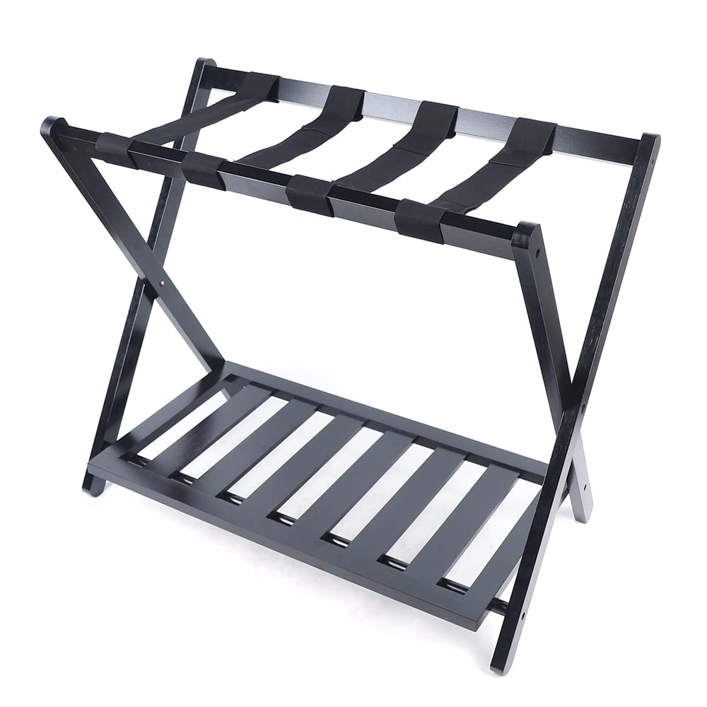 Portapacchi pieghevole in bambù, con design a 2 ripiani, per valigie e borse da viaggio, per camera da letto, camera degli ospiti, hotel, 68 x 40 x 58 cm, colore nero