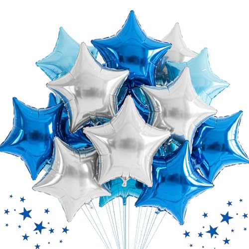 TONIFUL 30Pcs 18 Inch Large Blue Silver Star Shape Foil Balloons Big Stars Helium Mylar Ballons for Birthday Wedding Baby Shower Anniversary Engagement Party Decorations Supplies