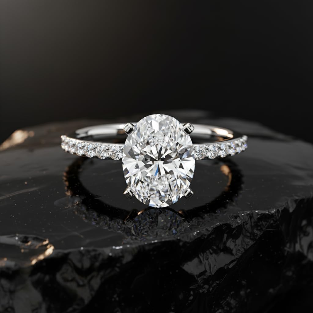 Moissanite Rings for Women 2 CT Oval Engagement Ring Side Stone 925 Sterling Silver Rings with 18k White Gold Plated