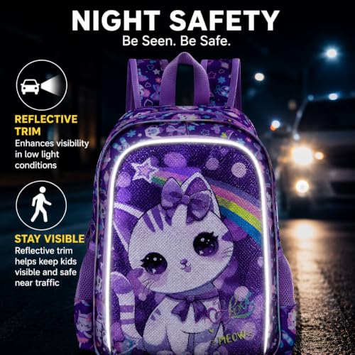 Image of CCJPX 16 inch Cat Backpack for Girls, 3Pcs Kids Preschool Bookbag, Cute Water Sequin Resistant School Bag for Teen Kindergarten Toddler (Purple)