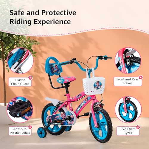 Image of Amazon Brand - Jam & Honey 14T Bicycle for Kids | Sturdy Steel Frame | EVA Tyres | Adjustable Seat & Handlebar | Training Wheels | Front Storage Basket | Pink | for Ages 5+ Years