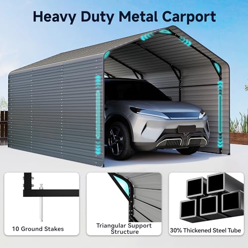 Image of 10x15FT Heavy Duty Metal Carport,Outdoor Garage with Metal Side Panels, Enclosed Car Ports with Heavy Duty Steel Frame and Galvanized Roof for Cars and Boats, Equipment Storage,Tools, Gray