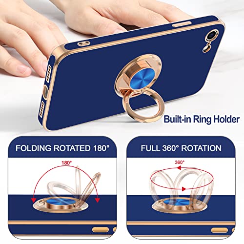 Image of Hython Case for iPhone SE Case 2022 /2020, iPhone 8 7 Case Ring Holder Stand Magnetic Kickstand, Plating Rose Gold Edge Soft TPU Bumper Cover Shockproof Protective Phone Cases Women Girls Boys, Blue
