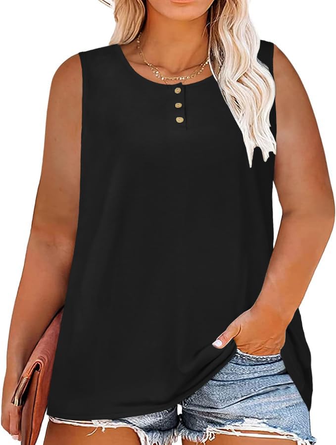 rosemiaWomens Plus Size Tops Summer Sleeveless Loose Fit Button Down Tanks Top Blouse Shirts
