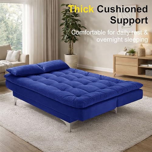 Image of Modern 3 Seater Sofa Cum Bed with Cushions, Foldable Convertible Couch, Velvet Fabric Sleeper Sofa for Living Room, Guest Room, Blue