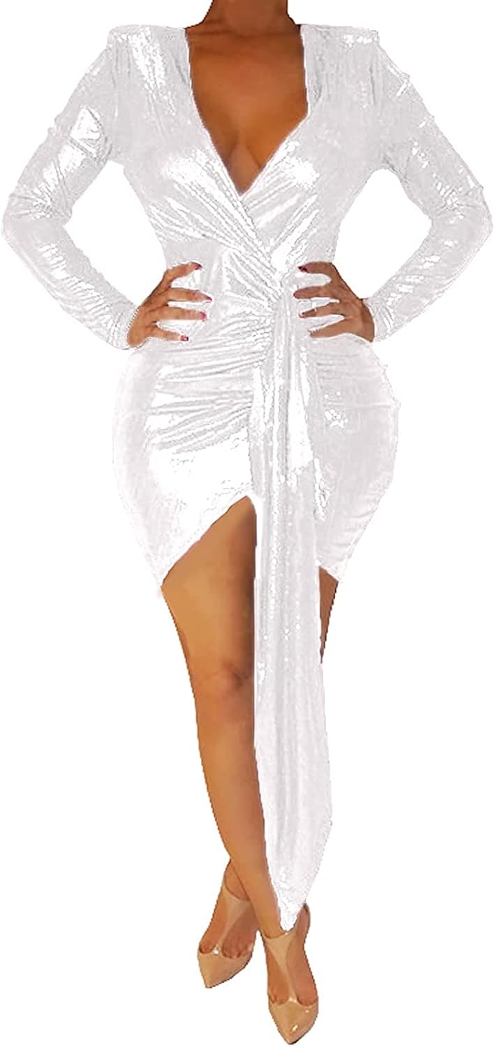 BestGirl Women's Sexy Dress Deep V Neck Long Sleeve Ruched Sparkly Bodycon Club Mini Dresses