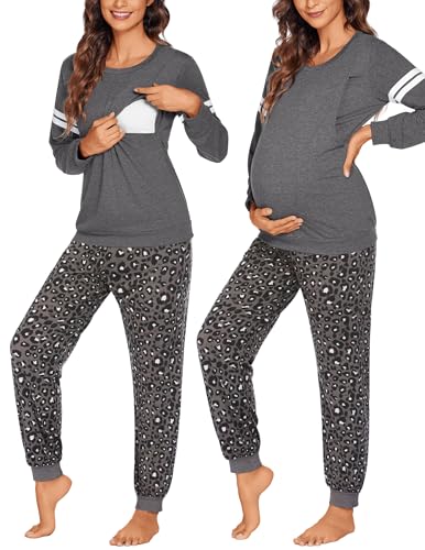 Image of Ekouaer Maternity Pajama Set Nursing Pjs Women Breastfeeding Pregnancy Postpartum Clothes Long Sleeve Top & Pant with Pockets