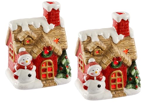 Weihnachtshaus mit Schneemann Tannenbaum und LED-Licht 2er Set 13cm...