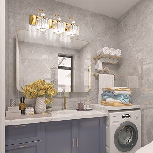 Image of Ralbay Modern Gold Crystal Vanity Lights for Bathroom 3-Lights Crystal Vanity Lights Over Mirror Modern Crystal Gold Bathroom Wall Lighting Fixtures