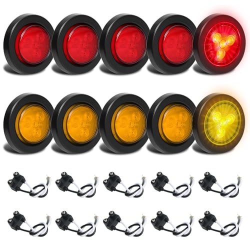 10Pcs 2 inch Round Led Trailer Marker Lights - Led Side Marker Lights with 2 Prong Plug IP67 Waterproof Clearance Lights for Truck Camper RV Flush Mount [DOT Approved] 12V (5 Red + 5 Amber)