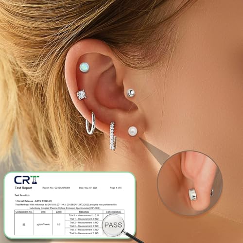 Surgical Steel Flat Back Earrings Set for Multiple Piercing Sensitive Ears,Sterling Silver Hypoallergenic Small Cartilage Huggie Hoop Earrings Titanium Tiny CZ Pearl Opal Stud Earrings for Women2