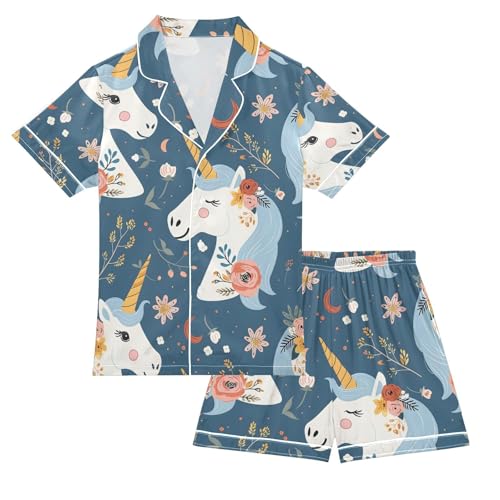 ALAZA Cute Unicorn Moon Blossom Pajamas Satin Pajama Set Short Sleeve Button Down Sleepwear