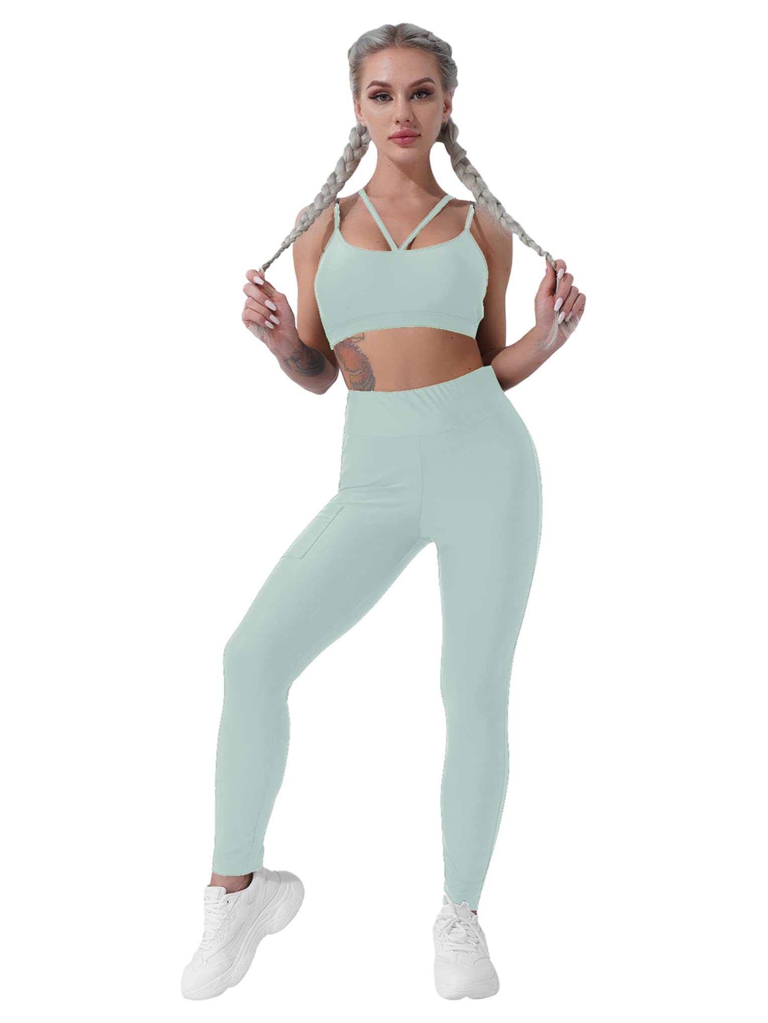 Hansber Women Yoga Dance Tracksuit Two Piece Solid Strappy Crop Tanks Top with Sweatpants Sport Sets