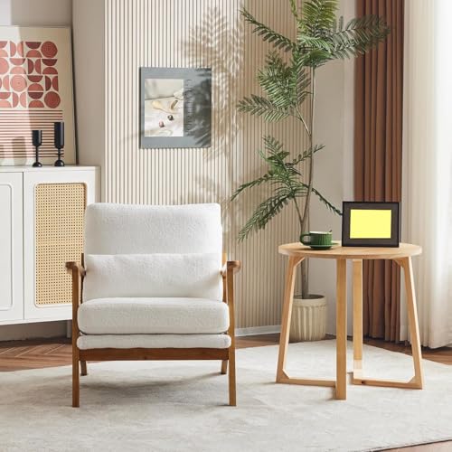 Image of Mid-Century Accent Relax Chair - Wide Armrest Lounge Chair with Linen Fabric with Lumbar Pillow (White, 28.3 x 31.5 x 29.5 INCH)