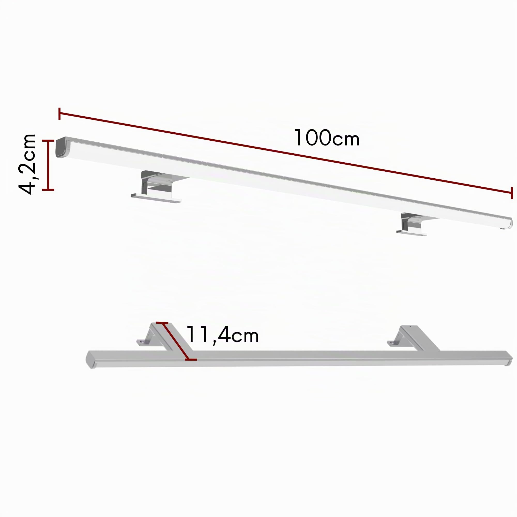Kalb Lumenia, lampada LED per specchio da bagno, 100 cm, IP44, cromato, montaggio a specchio e armadio, risparmio energetico, antiriflesso, 230 VAC, piedi di montaggio extra stabile (bianco)