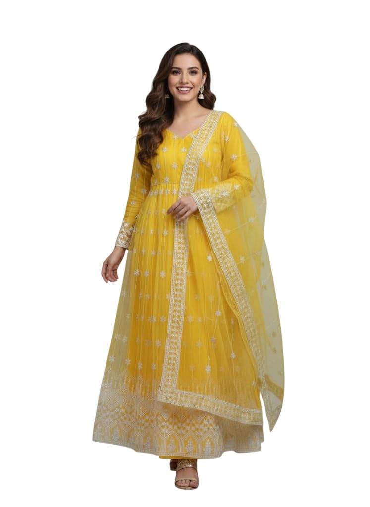 julee Women's Net Embroidered Semi-Stitched Gown Jyotee Gown Yellow-Gem-picture-20