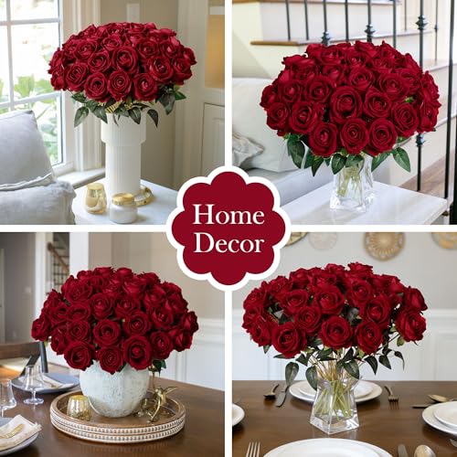 Image of INSPRING 50 PCS Burgundy Roses Artificial Flowers with Long Stems | Real Looking, Fake Roses, Silk Flowers, DIY Bouquet, Wedding Party Celebration Home Bridal Decoration Gift, for Her Wife