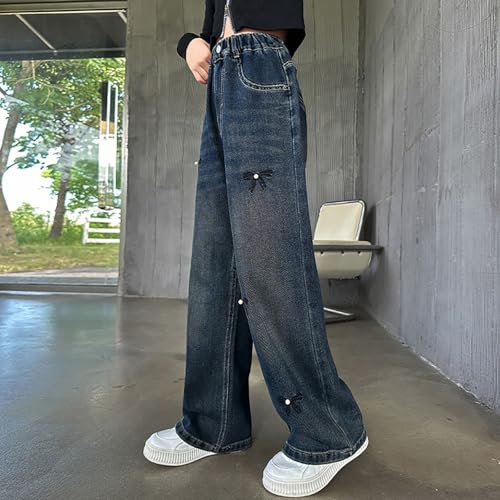Bow Jeans for Girls Straight Leg Baggy Button Denim Pants Elastic Waist Trousers Kids Trendy Y2k Streetwear with Pockets3
