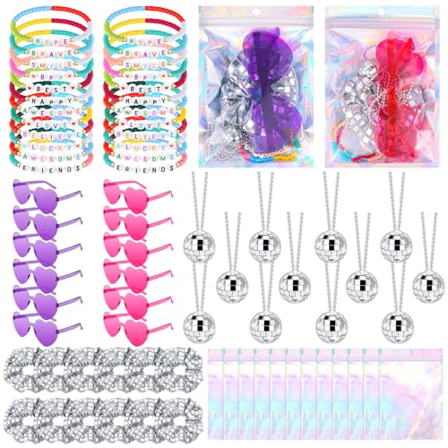 HIYZI 72 Pcs Friendship Party Favors Era Popular Singer Gift Sets include Bead Bracelets Disco Ball Heart Sunglasses Metallic Silver Hair Accessories Holographic Gift Bag for Fans Party Supplies